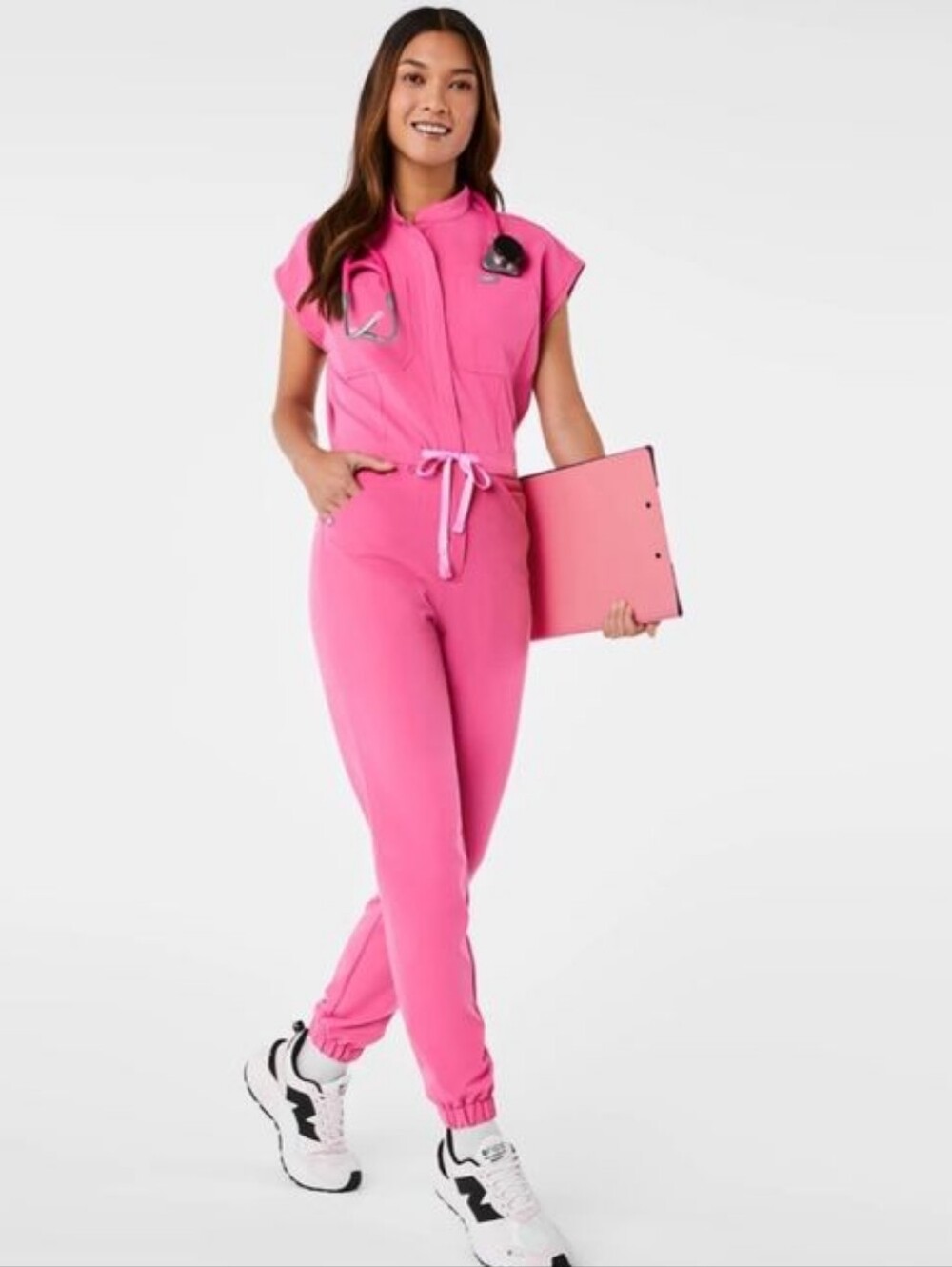 FIGs Fking Pink Women's Rafaela Jumpsuit with Pink Drawstring Waist